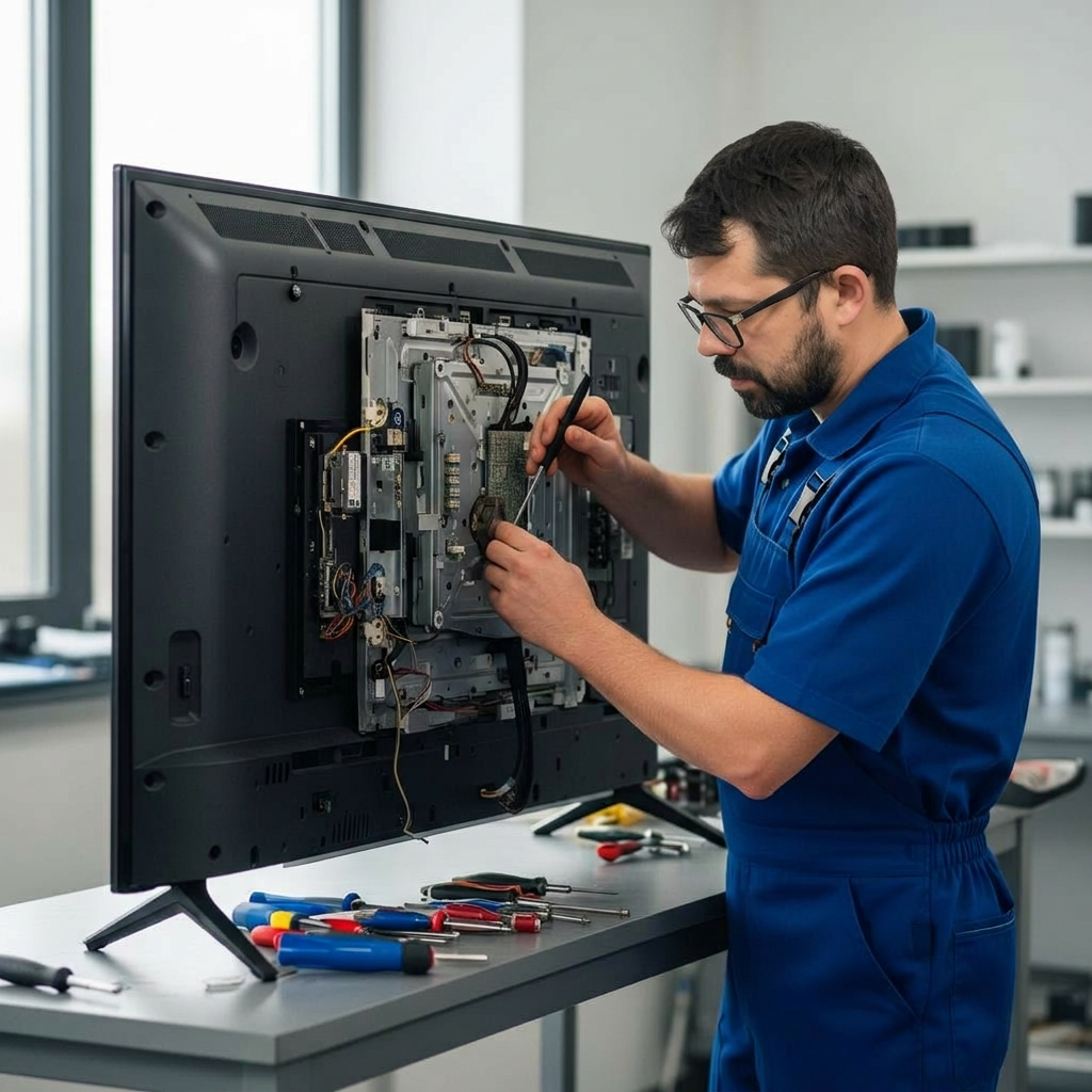 Técnico especializado a reparar uma televisão
